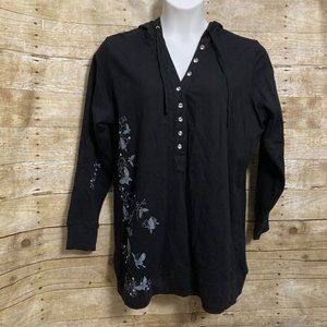Fashion Bug Size 22 24 Pullover Hooded Top Black Long Sleeve Floral Sequin Bling